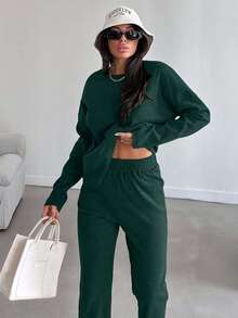 EURMUSE Women's Casual Solid Color Top And Pants 2 Pieces Set, Autumn - Dark Green - View 4