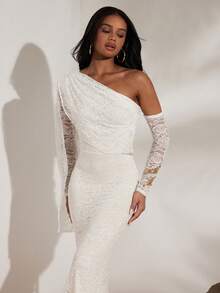 Opulessa Casual Solid Color Knit Lace Asymmetric-Shoulder Long Dress For Women, Wedding Guest Outfits, Autumn Winter Women, New Year Look, Thanksgiving Outfits, Elegant Dresses Party, Luxury Evening Dresses For Weddings, Sexy Club Outfits, Casual Dress