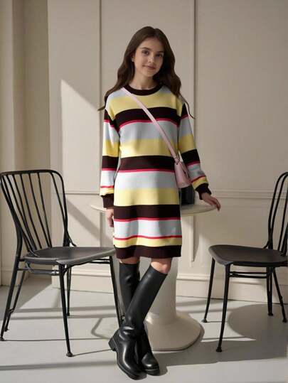 Autumn/Winter Girls' Fashionable Elegant Casual Colorblock Striped Knit Pullover Sweater Dress, Warm And Comfortable For Daily Wear