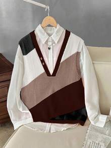 Franclia Plus Size Women V-Neck Contrast Color Asymmetric Loose Casual Versatile Commuting Layered Knit Vest, Spring/Autumn - Multicolor - View 1