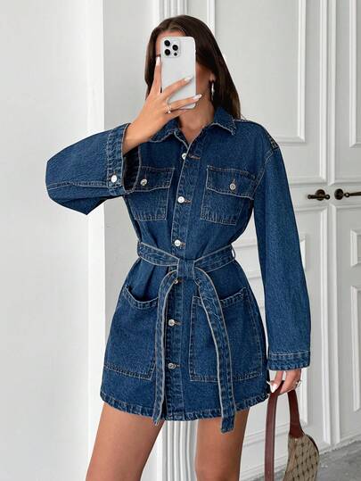 EURMUSE Dammode Avslappnad Mörktvättad Denimklänning med Nedsänkta Axlar och Knappar framtill