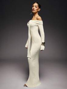 Hauture 女士透视细针织性感露肩系带超长连衣裙 - 万圣节、派对、夜间外出 - 白色 - 查看 3