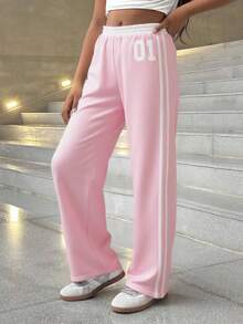 SHEIN Quần ống đứng cạp chun co giãn màu tương phản in số cho bé gái tuổi teen, đa năng và thời trang khi trở lại trường - Màu Hồng baby - Xem 6
