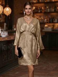 EMERY ROSE 1 peça vestido curto feminino elegante casual festa/deslocamento tecido metálico folha cintura apertada manga assimétrica decote em v para roupas de festa de fim de ano novo