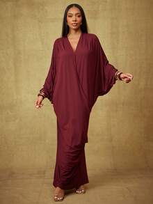 Vixey Robe caftan drapée avec enroulement en col V en jersey unicolore - Rouge foncé - Voir 3