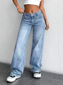 SHEIN Tall Tall Low Waist Medium Washed Wide Leg Boyfriend Jeans - Medium Wash - View 3