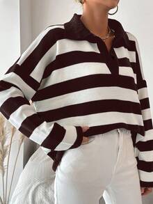 EURMUSE Plus Size Striped Pattern Drop Shoulder Polo Neck Drop Shoulder Sweater - Brown - View 4