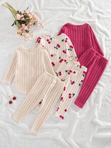 SHEIN Playful Pals 6 件套女婴秋冬新款罗纹针织面料杏色樱桃印花和纯色长袖上衣和裤子套装，3 件时尚休闲可爱套装 - 玫紅色 - 查看 2