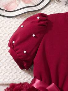 Sparklyn Vestido elegante de verano para niñas con mangas de perlas, flores 3D y cinturón - Burdeos - Ver 8