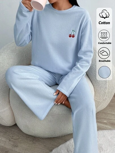 EURMUSE Fleece With Cheery Embroidery Detail Homewear Comfort Lounge Set For Winter