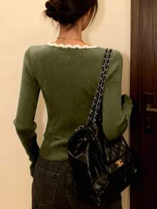 INAWLY 女式撞色装饰圆领休闲长袖套头毛衣 - 綠色 - 查看 2