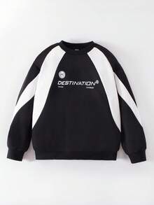 男童休闲字母印花拼色圆领卫衣，适合秋冬季