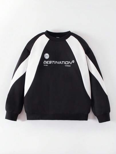 男童休闲字母印花拼色圆领卫衣，适合秋冬季