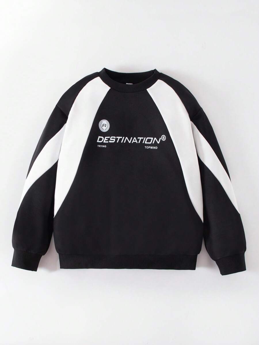 男童休闲字母印花拼色圆领卫衣，适合秋冬季