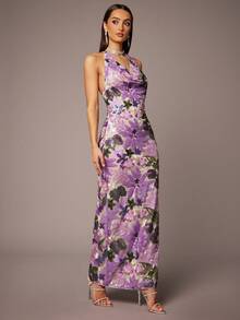Silquee Women's Elegant Purple Floral Embroidered Sequin Dress,Summer Slim Tube Top Cowl Neck Long Formal Gown For Dinner,Party,Wedding Guest& Date Night - Multicolor - View 5