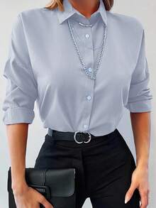 Cottnline Camisa unicolor con botón delantero de hombros caídos - Celeste - Ver 6