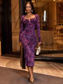 Lureya Robe moulante mini asymétrique à manches raglan transparente avec imprimé floral mignon, sexy et charmante, convient pour toutes les saisons