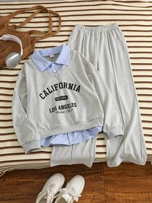 2 件套 Tween GirlsCalifornia 图案印花条纹纯色 Polo 领长袖运动衫和裤子，时尚运动休闲装，春秋季 - 灰色 - 查看 3