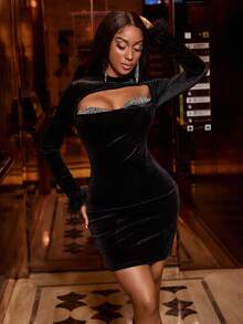 Lureya Women's Elegant High Neck Sequin Patchwork Cutout Velvet Party Cocktail Mini Dress, Long Sleeve Ruched Bodycon Sexy Dress For Autumn/Winter,Thermal,Warm,Cold Weather Clothes