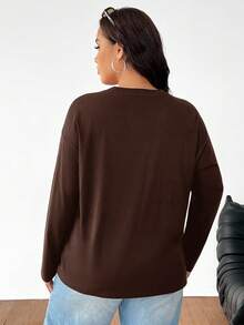 SHEIN EZwear Plus Size Loose Fit Drop Shoulder Crew Neck T-Shirt, Plus Size, Chocolate Brown/Winter