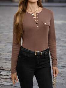 EMERY ROSE Women's Solid Color Notch V-Neck Casual Long Sleeve T-Shirt, Spring/Summer Fall Cloth For Women - Brown - View 1