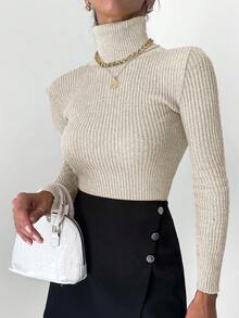 EURMUSE Women's Solid Color Minimalist Turtleneck Long Sleeve Sweater - Beige - View 1