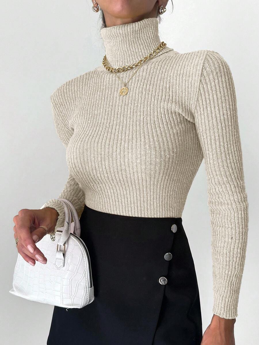 EURMUSE Women's Solid Color Minimalist Turtleneck Long Sleeve Sweater - Beige - View 1