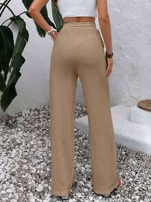 EURMUSE Pantalones holgados de lino de cintura alta de mujer en verano de unicolor beige con cordón en la cintura - Beis - Ver 2