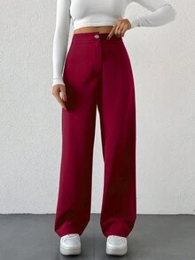 SHEIN Cottnline Solid Straight-Legged Suit Trousers With Pockets And Zipper - Burgundy - View 1