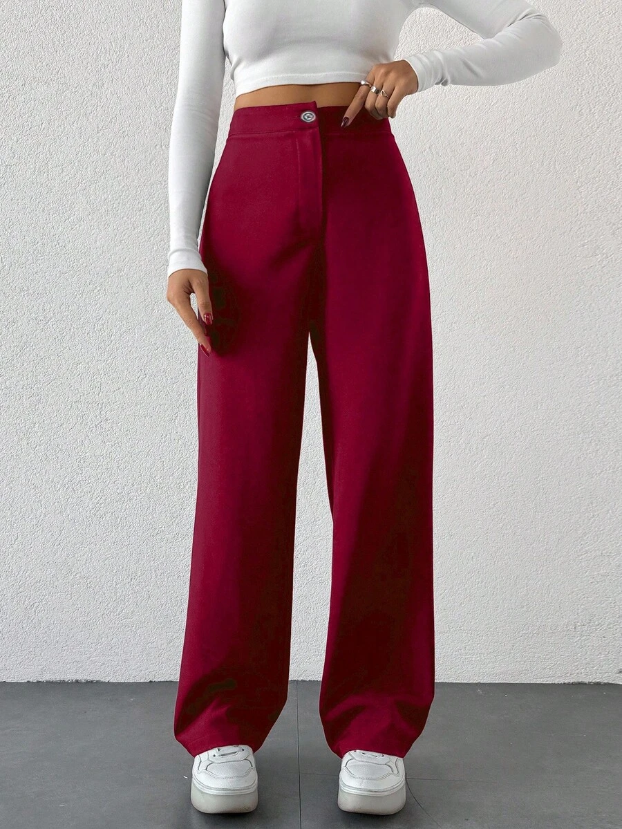 SHEIN Cottnline Solid Straight-Legged Suit Trousers With Pockets And Zipper - Burgundy - View 1