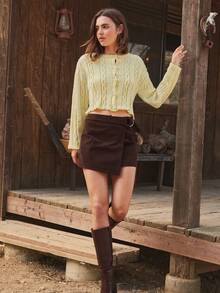 WESTFADE Round Neck Button Front Relaxed Fit Mixed Cable Knit Cardigan Sweater Cute Fall Knit Top, Casual Boho For Women, Country Western Concert, Fall, Autumn, Winter - Yellow - View 5