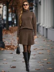 EMERY ROSE Women's Autumn/Winter Solid Turtleneck Drop Shoulder Long Sleeve Sweater And Pleated Knit Skirt 2 Pieces Set Fall Cloth For Women - Brown - View 5