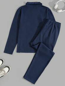 EURMUSE Men Waffle Fabric Relaxed Good Quality Regular Polo & Pants Homewear Set - Navy Blue - View 2