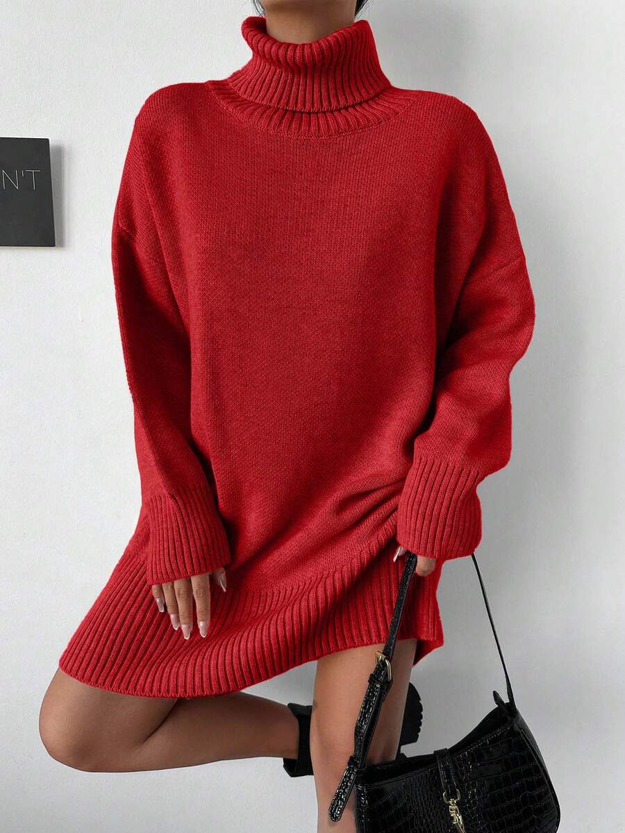 EURMUSE Women's Casual Solid Color Turtleneck Knit Dress, Autumn/Winter - Red - View 1