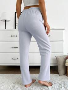 EURMUSE Women 2 Pcs Rib Knit With Fake Drawstring Detail Homewear Soft Comfort Sleep Pants Set - Multicolor - View 3