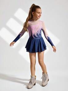 SHEIN 青少年女孩花样滑冰裙，优雅闪亮水钻比赛和训练服，舒适合身网眼裙，粉色和蓝色印花设计，长袖弹力雪纺裙，防走光，适合校园、比赛、花样滑冰 - 粉色 - 查看 5