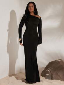 Opulessa Vacation Solid Color Knit Fitted Long Sleeve Asymmetric Collar Mermaid Dress For Women, Halloween Costume, Christmas , New Year, Thanksgiving Outfits, Elegant Party Outfit, Luxury Evening Dresses For Weddings, Fall Winter Clothes, Graduation, Prom Dress