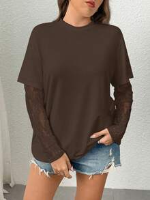 Calvaya Áo thun tay ngắn dệt kim ren chắp vá cỡ lớn thời trang xuân/hè cho nữ - màu nâu - Xem 7