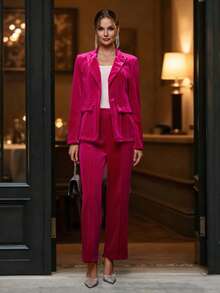 EMERY ROSE Bộ quần áo vest dài tay cổ ve nhung thanh lịch cho nữ, thời trang thu đông - Màu Hồng Tươi - Xem 4