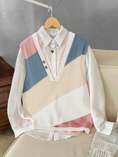 Franclia 大码女式 V 领撞色不对称宽松休闲百搭通勤分层针织背心，春秋季