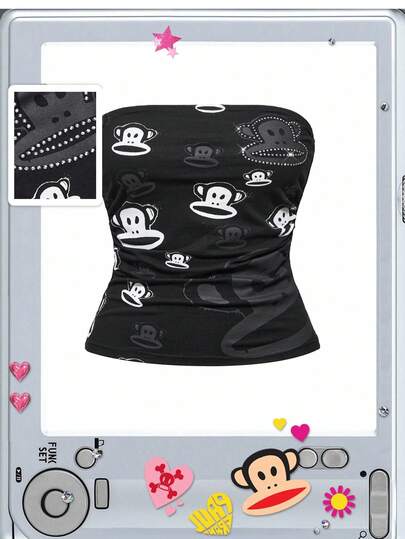 Paul Frank X ROMWE Top bandeau con estampado de mono para mujer talla grande, estilo de moda callejera para el verano