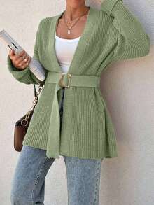 EURMUSE Women Oversize Asymmetric Shaped With Belt Detailed Rib Knitted Cardigan - Green - View 3