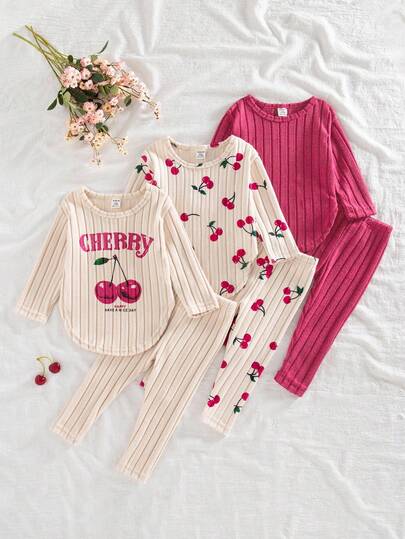 SHEIN Playful Pals 6 件套女婴秋冬新款罗纹针织面料杏色樱桃印花和纯色长袖上衣和裤子套装，3 件时尚休闲可爱套装