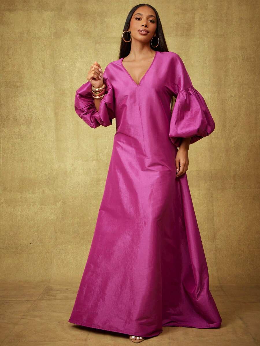 Vixey Váy maxi dài tay bồng bềnh, cổ chữ V, vai trễ, chất liệu taffeta trơn - Màu Hồng Tươi - Xem 1