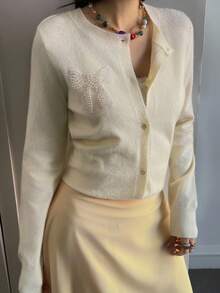 Livesso Autumn/Winter Yellow Beaded Shiny 3D Bow Knit Cardigan, Elegant For Wedding & Party - Beige - View 9