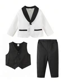 3pcs Baby Boy Gentleman Outfit Set: Colorblock Black & White Suit Jacket, Shirt, And Elastic Waist Pants - Multicolor - View 2