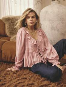 Aralina Women's Romantic Cute Pink Ruffle Tie Front Pin Tuck Pleated Long Sleeve Loose Fit Flowy Vacation Outfits Women Cute Top Elegant Blouse Top For Women New Years Top Party Top - Pink - View 1