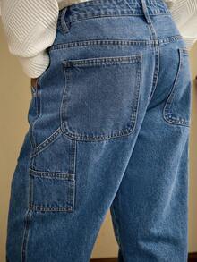 Manfinity Homme Quần jeans denim ống đứng màu xanh dương giặt thường ngày có túi hộp, mùa thu - Màu xanh lam - Xem 9