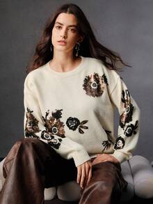 Anewsta Áo len chui đầu cổ tròn thêu hoa 3D cao cấp thời trang dành cho nữ, đa năng cho mùa thu, đông, năm mới, tiệc tùng, đám cưới, thanh lịch, sang trọng, sành điệu - Màu be - Xem 4