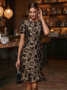 Balvessa 圆领泡泡袖短款连衣裙，收腰，纹理，提花金色花卉，优雅复古中长连衣裙，适合春夏初秋 - 黑色 - 查看 5